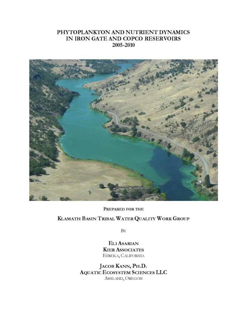 Cover of Phytoplankton and Nutrient Dynamics in Iron Gate and Copco Reservoirs 2005-2010. Prepared by Kier Associates and Aquatic Ecosystem Sciences for the Klamath Basin Tribal Water Quality Work Group. 60p + appendices.