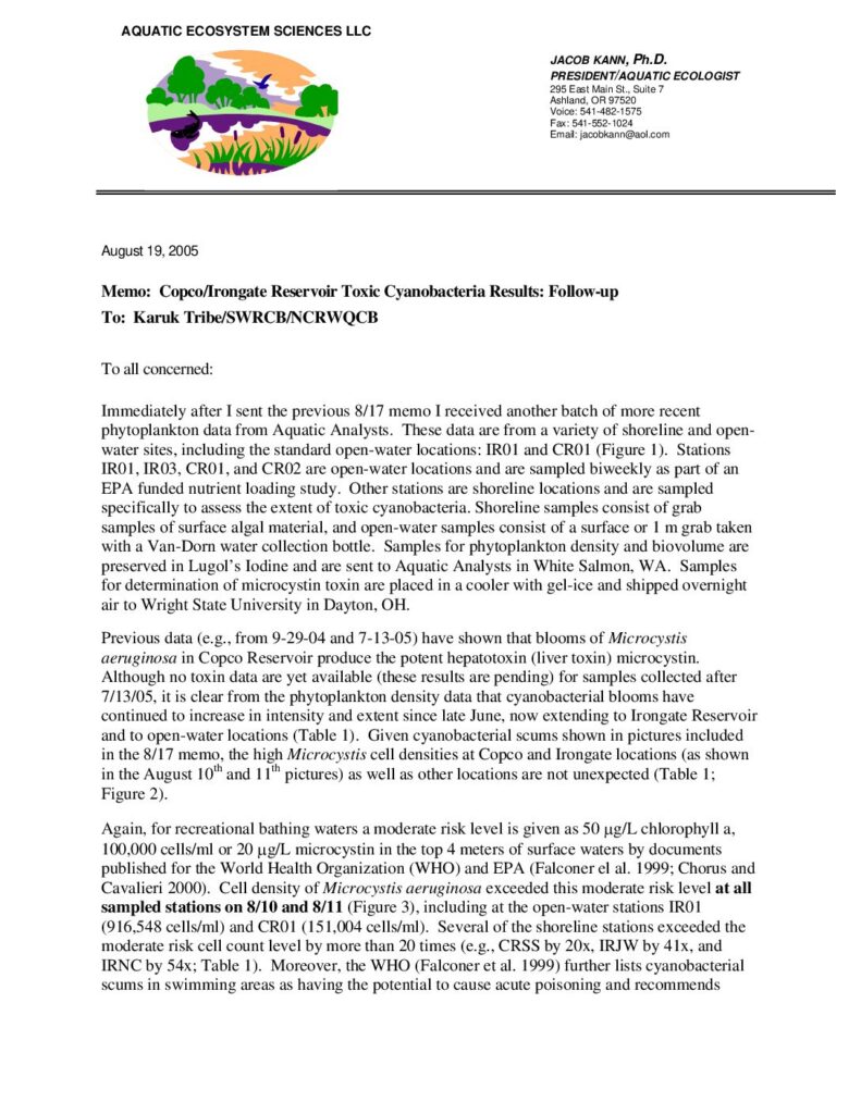 Cover of Memo on Copco/Iron Gate Reservoir Toxic Cyanobacteria Results: Follow-up. To the Karuk Tribe and State Water Resources Control Board. Aquatic Ecosystem Sciences, Ashland, OR. 6 p. (562 Kb)