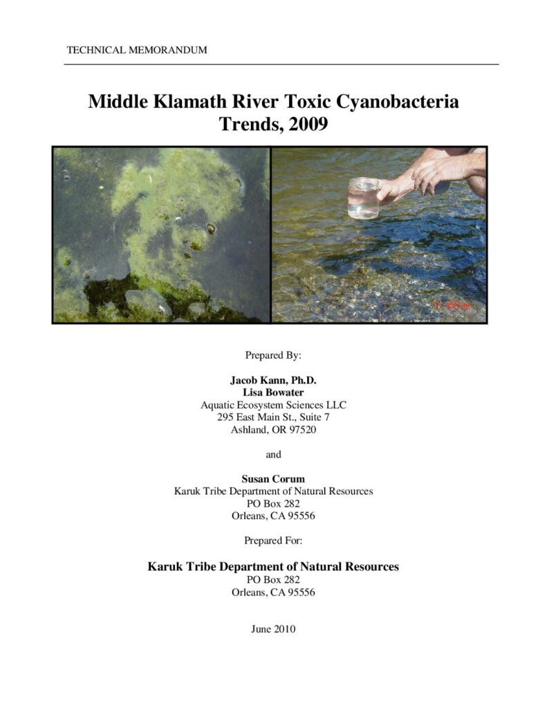 Cover of Middle Klamath River Toxic Cyanobacteria Trends, 2009. &nbsp;Aquatic Ecosystem Sciences LLC. and Karuk Tribe Department of Natural Resources. 25 pp.