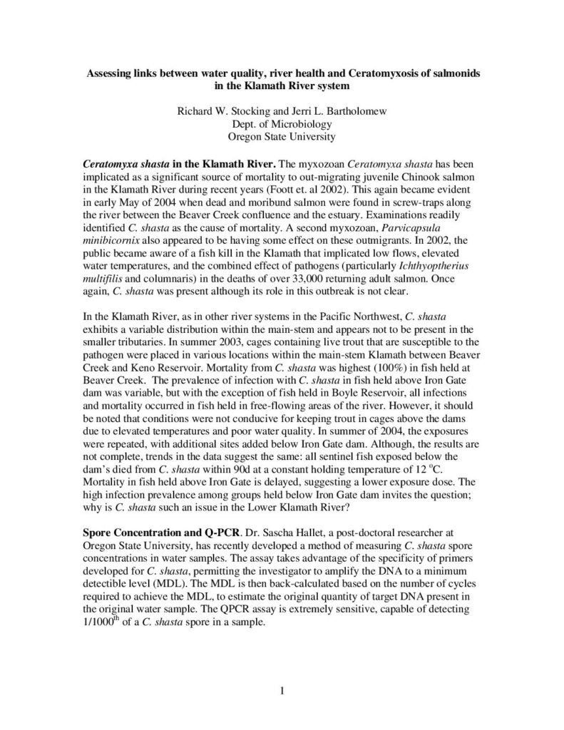 Cover of Assessing links between water quality, river health and Ceratomyxosis of salmonids in the Klamath River system. Department of Microbiology, Oregon State University, Corvallis, OR. 5 p. (81 Kb)