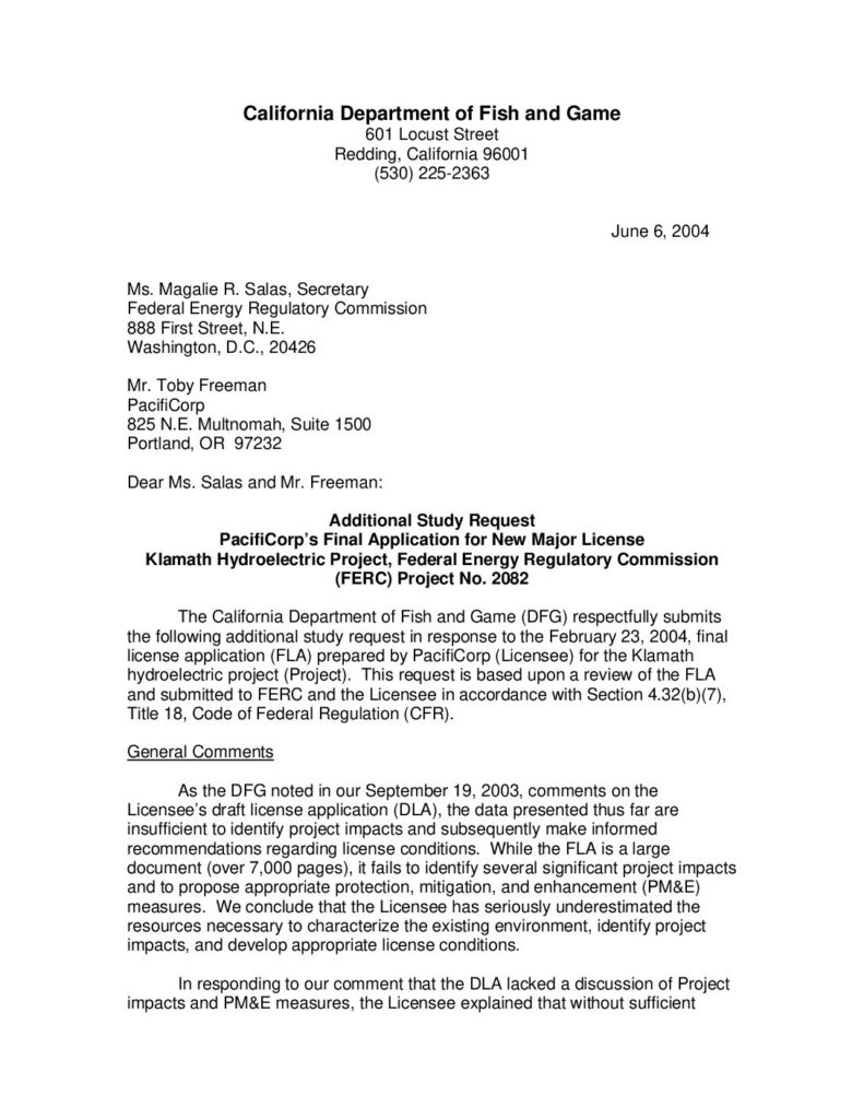 Cover of Additional Study Request: PacifiCorp’s Final Application for New Major License Klamath Hydroelectric Project, Federal Energy Regulatory Commission (FERC) Project No. 2082. CDFG, Redding , CA. [313 Kb]