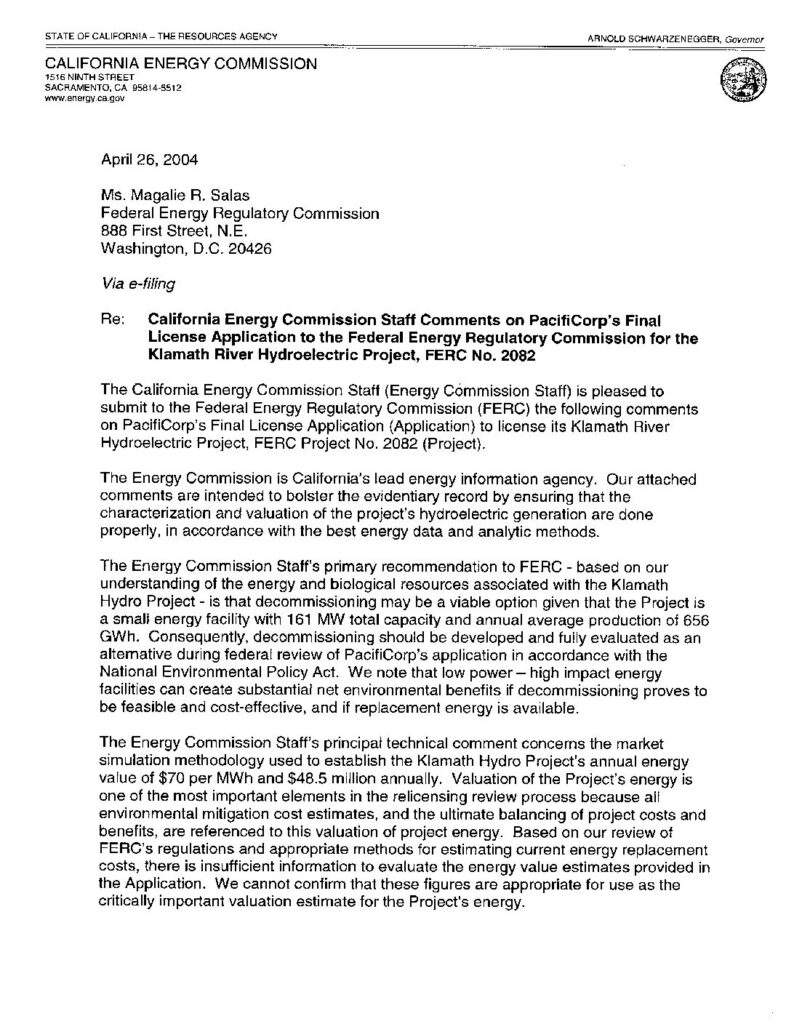 Cover of California Energy Commission Staff Comments on PacifiCorp’s Final License Agreement to the Federal Energy Regulatory Commission for the Klamath River Hydroelectric Project, FERC No.2082. California Energy Commission, Sacramento , CA 44 p.[1.4 Mb]