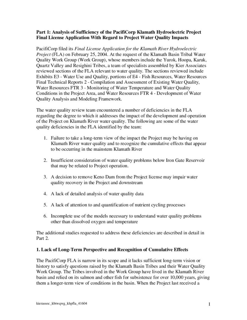Cover of Analysis of Sufficiency of the PacifiCorp Klamath Hydroelectric Project Final License Application With Regard to Project Water Quality Impacts. Performed under contract to the Klamath Basin Tribal Water Quality Work Group. 33 p. [370 Kb]