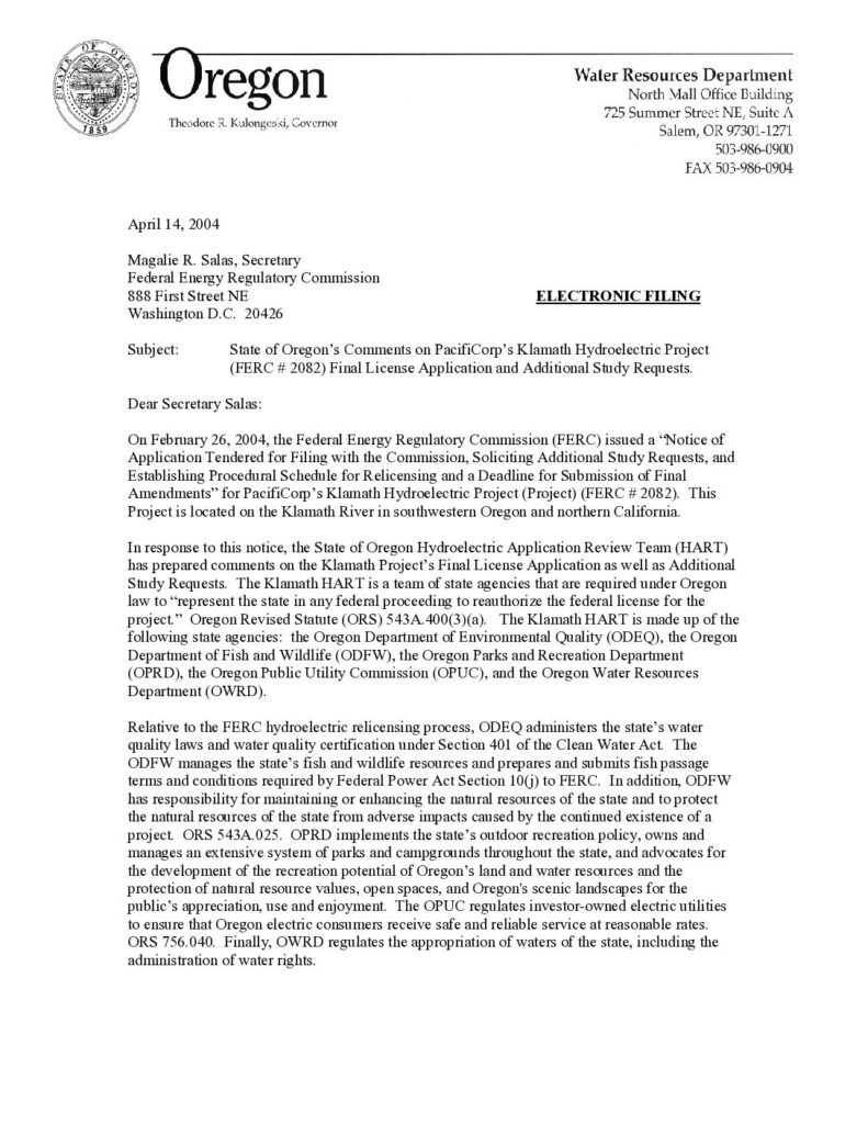 Cover of State of Oregon’s Comments on PacifiCorp’s Klamath Hydroelectric Project (FERC # 2082) Final License Application and Additional Study Requests. Comments from OWRD for all Oregon agencies, Salem, OR. 214 p. [4.2 Mb]