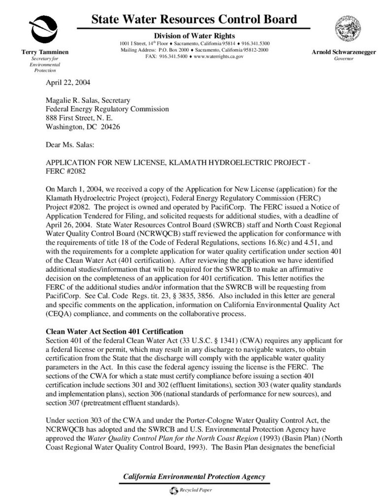 Cover of Comments on PacifiCorp Application for New License (application) for the Klamath Hydroelectric Project (project), Federal Energy Regulatory Commission (FERC) Project #2082. SWRCB, Sacramento, CA. 25 p. [184 Kb]