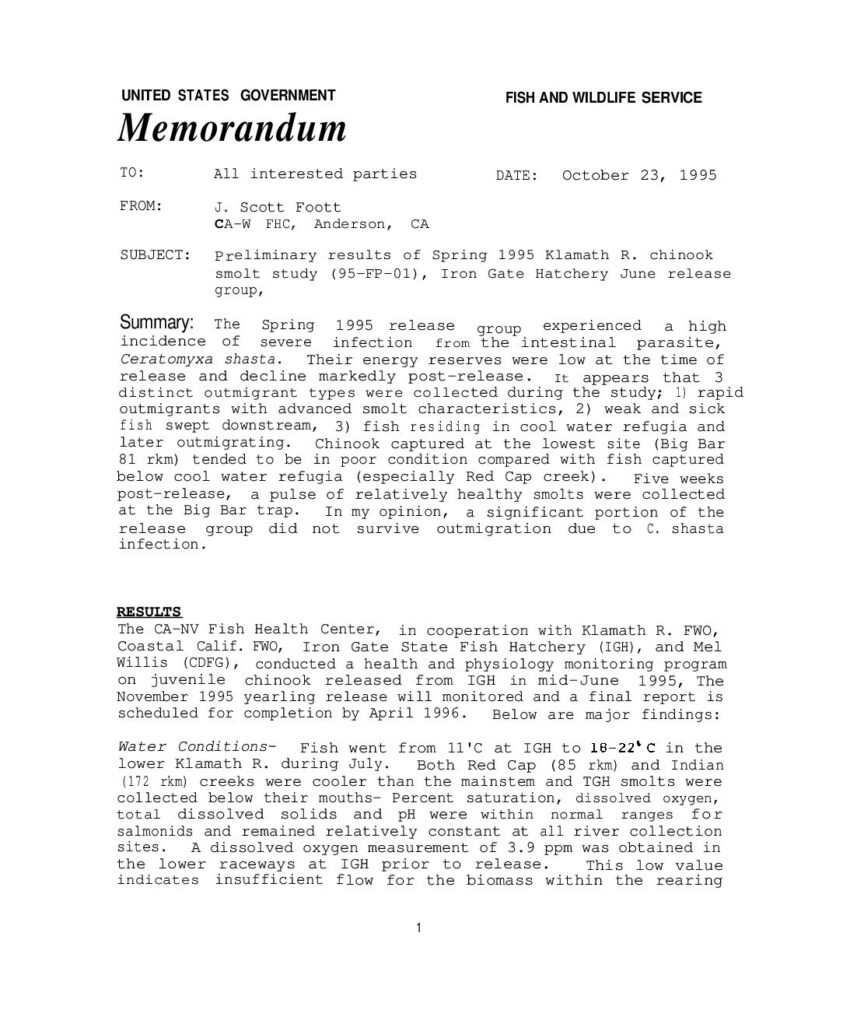 Cover of Preliminary results of Spring 1995 Klamath R. chinook smolt study (95-FP-01), Iron Gate Hatchery June release group. U.S. Fish and Wildlife Service California-Nevada Fish Health Center, Anderson, CA. 6 p. (67 Kb)
