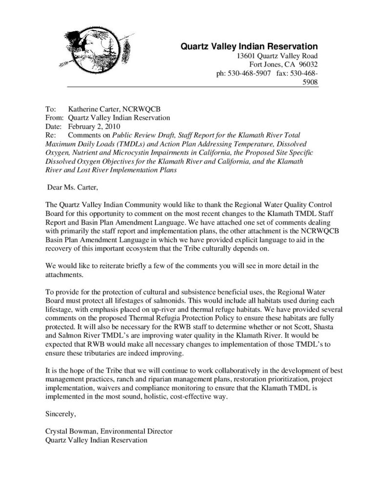 Cover of Comments on Public Review Draft, Staff Report for the Klamath River Total Maximum Daily Loads (TMDLs) and Action Plan Addressing Temperature, Dissolved Oxygen, Nutrient and Microcystin Impairments in California, the Proposed Site Specific Dissolved Oxygen Objectives for the Klamath River and California, and the Klamath River and Lost River Implementation Plans. Submitted by Crystal Bowman. QVIR, Ft. Jones, CA. 20 p. ( Appendix A: Higgins comments Re: Fruit Growers Supply (FGS) Habitat Conservation Plan (HCP) and Draft Environmental Impact Report.) ( Appendix B: Comments on State Water Resources Control Board Resolution 2009-0064 Regarding U.S. Forest Service Management Oversight.)