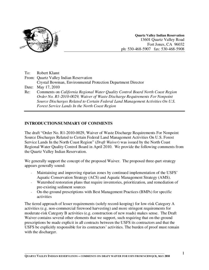 Cover of Comments on California Regional Water Quality Control Board North Coast Region Order No. R1-2010-0029, Waiver of Waste Discharge Requirements For Nonpoint Source Discharges Related to Certain Federal Land Management Activities On U.S. Forest Service Lands In the North Coast Region. Submitted by Crystal Bowman. QVIR, Ft. Jones, CA. 21 p.