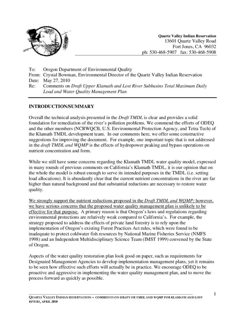 Cover of Comments on Draft Upper Klamath and Lost River Subbasins Total Maximum Daily Load and Water Quality Management Plan. QVIR, Ft. Jones, CA. 22p.