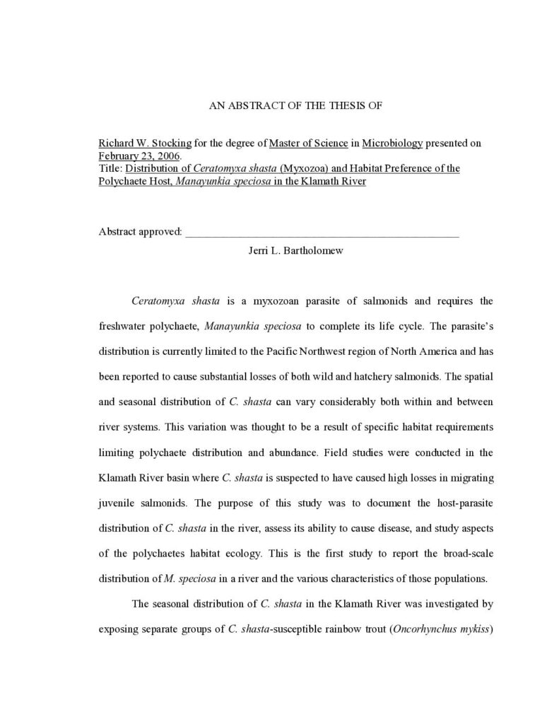 Cover of Distribution of Ceratomyxa shasta (Myxozoa) and Habitat Preference of the Polychaete Host, Manayunkia speciosa in the Klamath River. Thesis for completion of a Master of Science degree in Microbiology, Oregon State University, Corvallis, OR. 131 p. LARGE FILE (15 Mb)