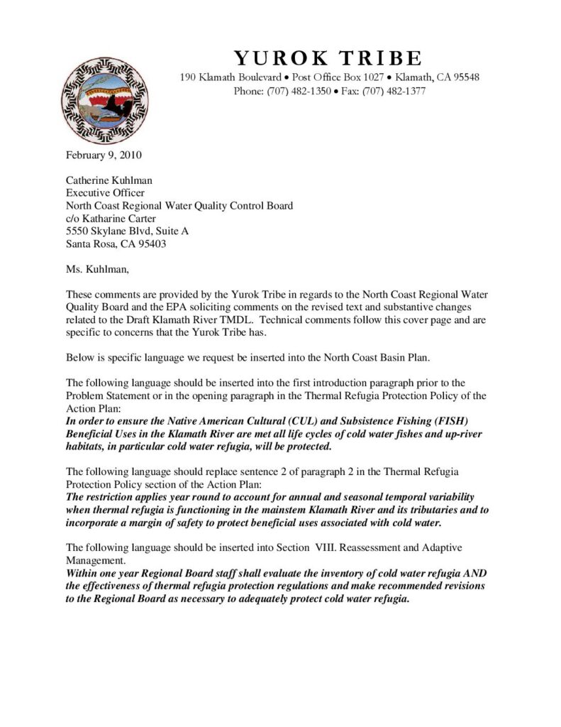 Cover of Comments to the North Coast Regional Water Quality Board and U.S. EPA Re: revised text and substantive changes related to the Draft Klamath River TMDL. Submitted by Kathleen Sloan, YTEP, Klamath, CA. 19p.
