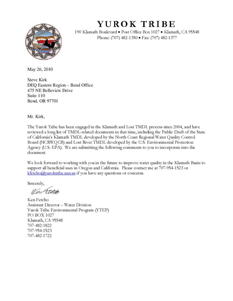 Cover of Comments on the Oregon Department of Environmental Quality’s Draft Upper Klamath and Lost River Subbasins Total Maximum Daily Load and Water Quality Management Plan. Submitted by Ken Fetcho, YTEP, Klamath, CA. 23 p.