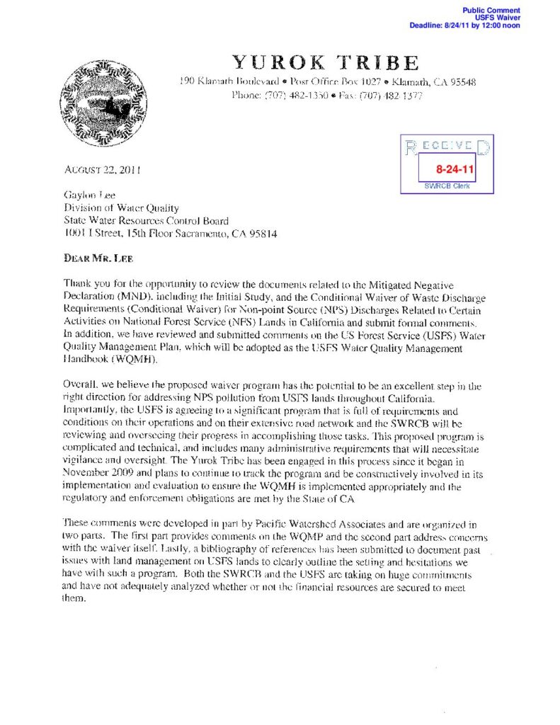 Cover of Comments to the State Water Resources Control Board regarding the U.S. Forest Service’s Water Quality Management Handbook and proposed statewide waiver of waste discharge requirements. Letter from Thomas P. O’Rourke Sr. to Gaylon Lee, August 22, 2011. Yurok Tribe, Klamath, CA. 54 p.