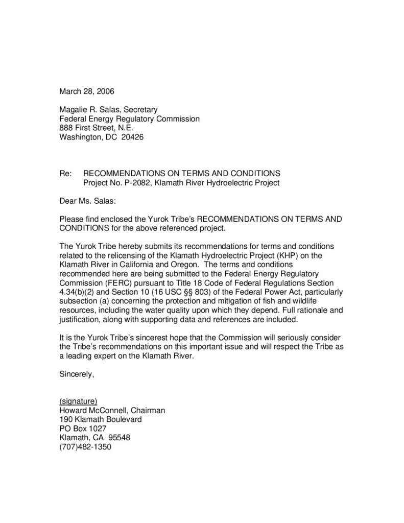 Cover of Recommended Terms and Conditions for the Klamath Hydroelectric Project (FERC #2082-027). Filed with FERC on March 28, 2006. Yurok Tribe, Klamath, CA. 78 p.
